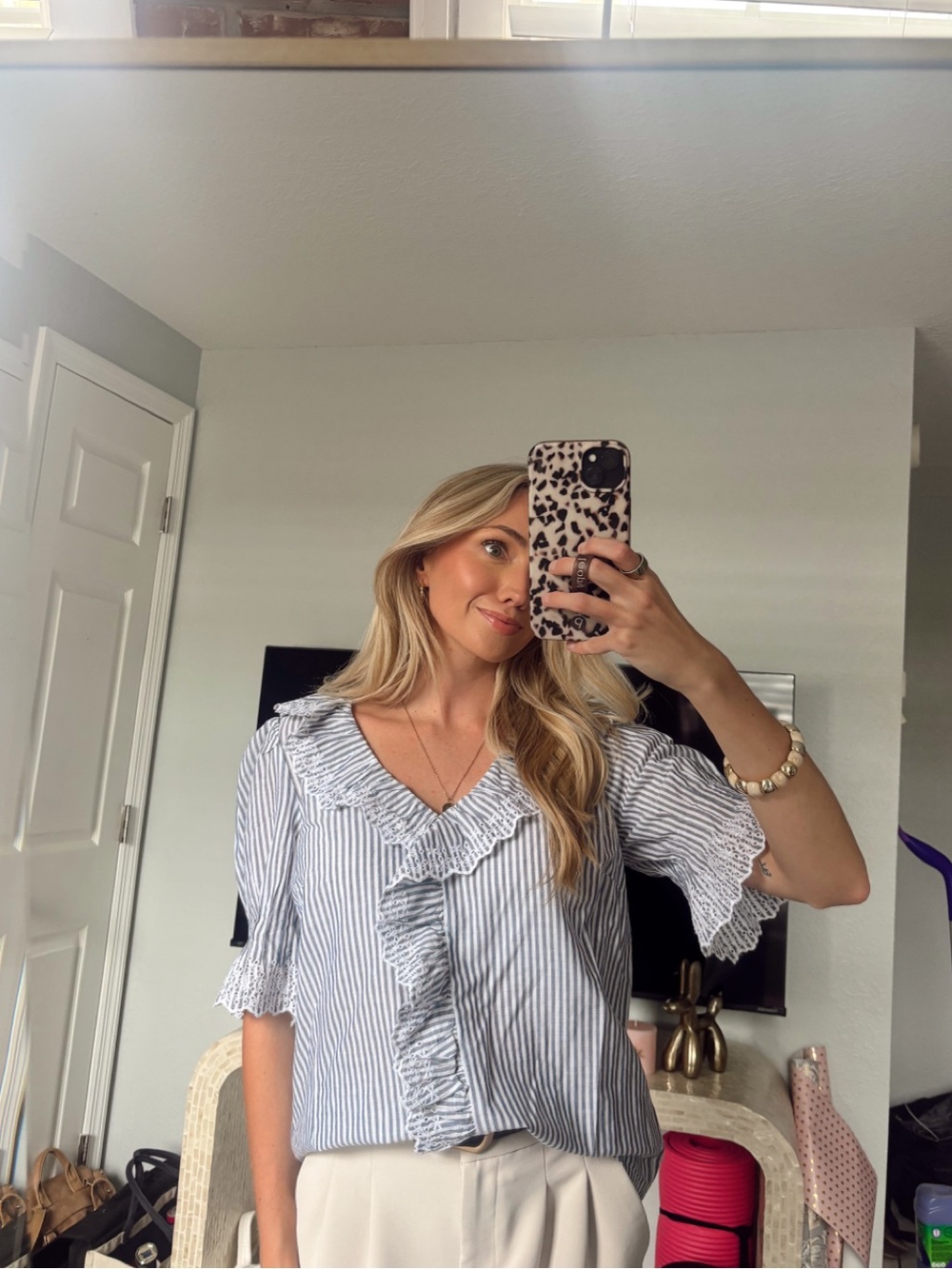 NWT Striped Eyelet Ruffle Front Top - Antique Navy White
